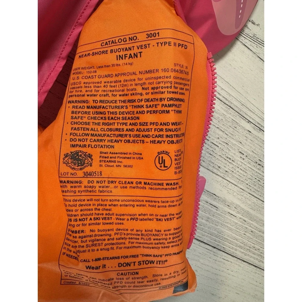 Stearns Infant Life Jacket With Head Support US coast Guard Approved Under 30 Lb